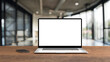 Laptop mockup isolated with transparent screen png on table with office background