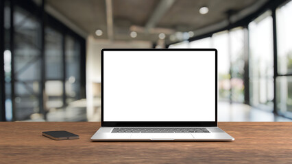 Wall Mural - Laptop mockup isolated with transparent screen png on table with office background