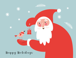 Wall Mural - Christmas illustration, xmas card.  Santa and little bird