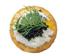 Black Caviar On White Background With Clipping Path, Black Caviar Served With Scrambled Eggs And Lemon On Crackers. PNG File