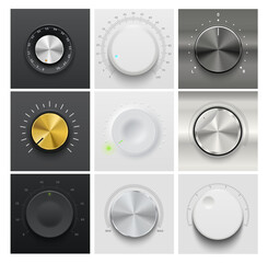 Aufkleber - Volume dial knob, music amplifier regulator. Music player interface realistic vector rotate controller, stereo tuner volume level adjust analog 3d metal, golden and white plastic knob, wheel or switch