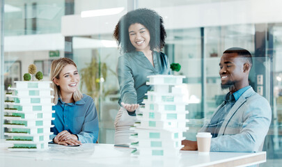 Poster - Architect, meeting and planning with a team at work in their office for design or building. Teamwork, model and collaboration with an architecture group working together on an engineer project
