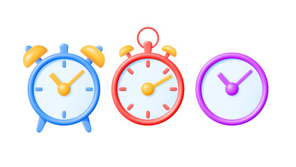 Poster - 3D Simple Classic Round Wall Clock Set Isolated. Render Alarm Clock Icon Collection. Measurement of Time, Deadline, Time-Keeping and Time Management Concept. Watch Symbol. Minimal Vector Illustration