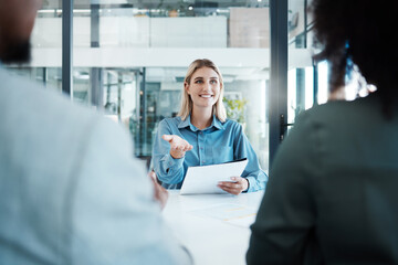 Poster - Meeting, planning and strategy with a business woman and team talking about company vision in the boardroom. Documents, teamwork and communication with a female employee in discussion with colleagues
