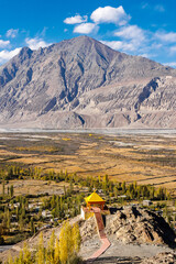 Wall Mural - Gazebo with yellow roof at Nubra Valley, Leh, Ladakh, India with high mountain under the blue sky scene.