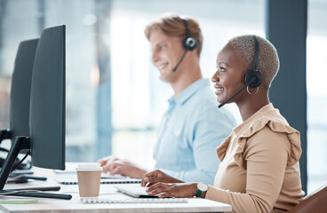 Poster - Call center, consulting and employees in sales, giving support and in communication with people on internet with computer. Happy, smile and customer service workers talking on web for telemarketing