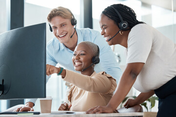 Sticker - Computer, customer service and consultant staff laugh at funny social media meme, video or online joke during work break. pointing, happiness and telemarketing consulting team laughing in call center