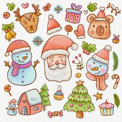 Wall Mural - Christmas hand drawn cute watercolor cartoon