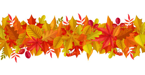 Wall Mural - Seasonal background with autumn leaves and berries. November nature backdrop or border, autumn season fall vector abstract background. Thanksgiving wallpaper with marple, oak, rowan and birch leaves