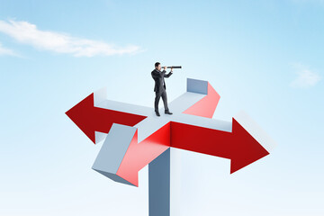 Poster - Young businessman with telescope standing on abstract arrow sign and looking into bright blue sky. Different direction, choice and success concept.