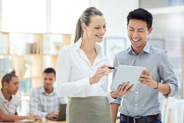 business employees with tablet in meeting, people in corporate working together in toronto or happy 