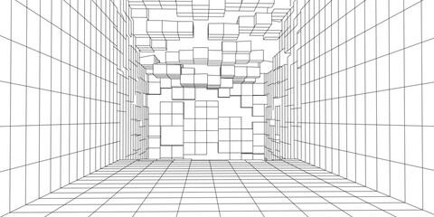 Poster - 3d futuristic wireframe room on white background. abstract perspective grid. vector illustration.