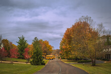 View Of Midwestern Suburban Street With School Bus Driving At The Distance In Fall; Colorful Trees And Front Yards On Both Sides