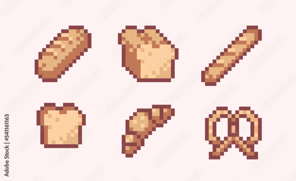 Bread assortment pixel art set. Baked bun, baguette and croissant ...