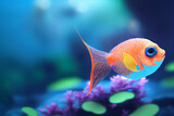 Colorful, cute graphic of a single fish with copy space