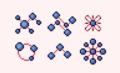 Different molecules shapes and structures pixel art set. Science icons, chemical particle collection. 8 bit sprite. Game development, mobile app.  Isolated vector illustration.