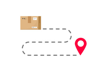 Delivery logistic route path icon vector of order parcel or parcel box shipment tracking distance location destination graphic flat, freight cargo post gps map marker pointer, courier tracker image