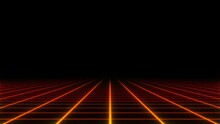 Infinity Perspective Laser Orange Grid With Fog. Retrowave, Synthwave Looped Animation Of Perspective Laser Grid. Orange Neon. 80s Aesthetics. 80s Retro Futurism. Seamless Loop.