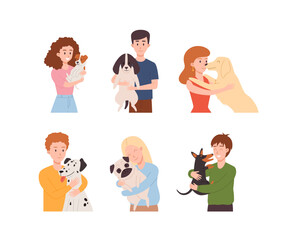 Wall Mural - People hugging their dogs, happy pet owners - flat vector illustration isolated on white background.