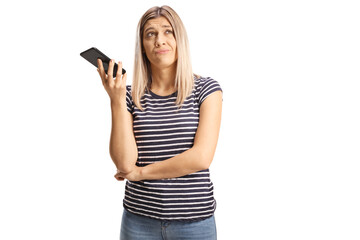 Poster - Bored young woman listening to phone conversation on speakerphone