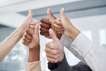 Poster - Thumbs up, team and success hand sign to show work community, solidarity and thank you. Office business collaboration, teamwork and yes hands gesture of people with diversity together in agreement