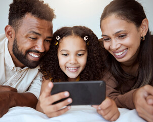 Poster - Black family, phone and child on bed for video, smile or happy for streaming, cartoon or movie. Mom, dad and kid with smartphone in bedroom to game, internet or watching to relax, happiness or play