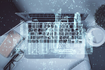 Aufkleber - City drawing over computer on the desktop background. Top view. Double exposure. Smart home concept.