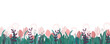 Illustration. Pattern Pink tulips, flowers, dandelions, lilac, pastel, pink tones. Summer, spring style. Design of postcards, advertising, floral, wedding design, website design
