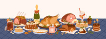 Christmas Dishes On Holiday Table. Traditional Food, Served Meals, Drinks For Winter Feast. Xmas Dinner With Roasted Turkey, Ribs, Pudding, Cake, Bakery, Champagne. Colored Flat Vector Illustration