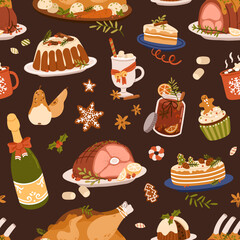 Poster - Christmas food pattern. Seamless Xmas background with traditional dishes, winter holiday meals, drinks, desserts. Repeating print with festive turkey, pudding, cake. Colored flat vector illustration