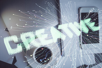 Poster - Multi exposure of creative drawing over table with phone. Top view. Concept of startup.
