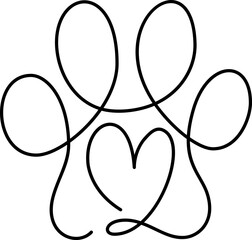 Wall Mural - Heart with cat or dog paw in continuous one line drawing logo. Minimal line art. Animal foorprint in heart. Pet love concept