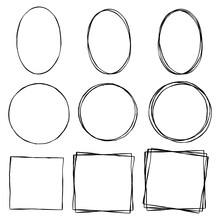 Basic Black Line Doodle Blank Frame On White Background. Circle Oval And Square. Single Double And Triple. Vector Illustration.