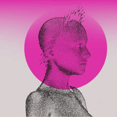 Aufkleber - Vector 3D illustration of a bald woman with a halo made of particles.