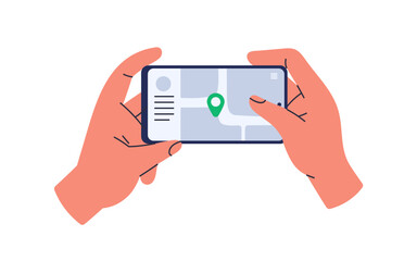 Poster - Online city map, GPS app on mobile phone screen. Hands holding smartphone, using navigation application for travel with location mark, pointer. Flat vector illustration isolated on white background