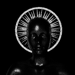Aufkleber - Vector 3D illustration of a bald woman with a halo made of particles.