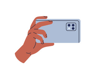 Poster - Hand taking photo with mobile phone, using smartphone camera. Holding cellphone horizontally for shooting, recording horizontal video. Flat graphic vector illustration isolated on white background