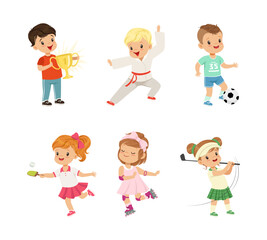 Canvas Print - Pretty Little Boy and Girl Playing Sport Game Like Football, Golf, Roller Skating, Tennis and Karate Vector Set