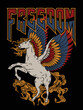Pegasus with Colourful Wings and Freedom Slogan For Apparel and Other Uses