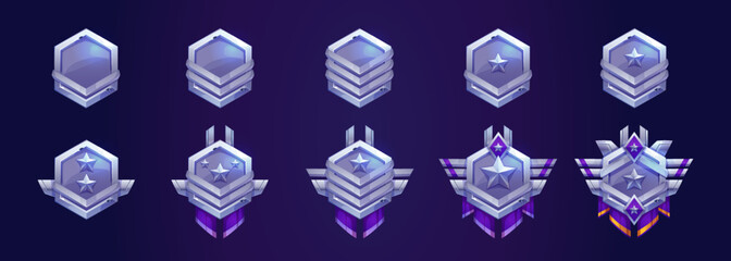 Poster - Set of game rank icons isolated on dark blue background. Collection of hexagonal silver, platinum or steel medals decorated with shiny metal stars and wings. Level trophy badges. Vector illustration