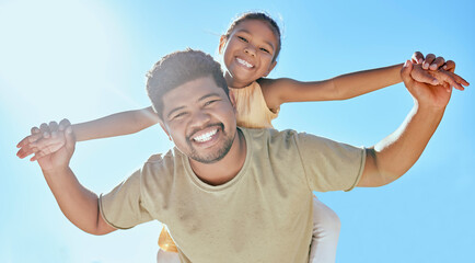 Wall Mural - Father, child and holding hands on shoulder for happy relationship, bonding and smile in the outdoors. Portrait of dad and kid smiling in happiness for love, blue sky or care for piggyback in nature