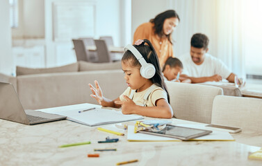 Poster - Child, hand and counting at desk with book for math, homework or education in home with family. Girl, laptop and fingers with headphones, computer or notebook for development in homeschool at table