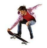Fototapeta Sport - Skateboarder doing a jumping trick. Isolated