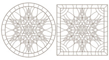 Set Of Contour Illustrations In The Stained Glass Style With Snowflakes, Round And Square Images, Dark Contours On A White Background