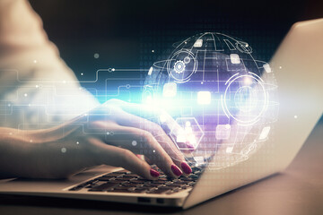Poster - Double exposure of woman hands typing on computer and social network theme hologram drawing. People media concept.