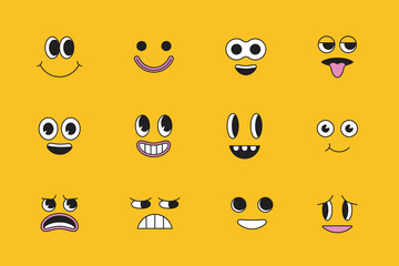 Aufkleber - Vector cartoon faces, abstract design mascots - y2k stickers and badges, happy, angry expressions