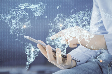 Poster - Double exposure of man's hands holding and using a phone and social network theme drawing.