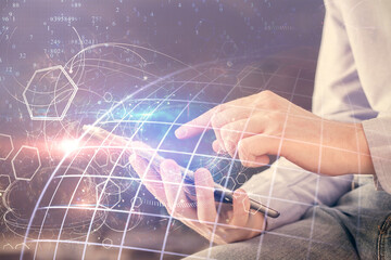 Poster - Multi exposure of man's hands holding and using a digital device and map drawing. International business concept.