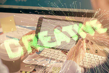 Poster - Double exposure of man's hands holding and using a mobile device and creative hologram drawing.