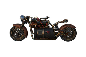 Poster - 3D Illustration of a steampunk motorbike seen from the left side.